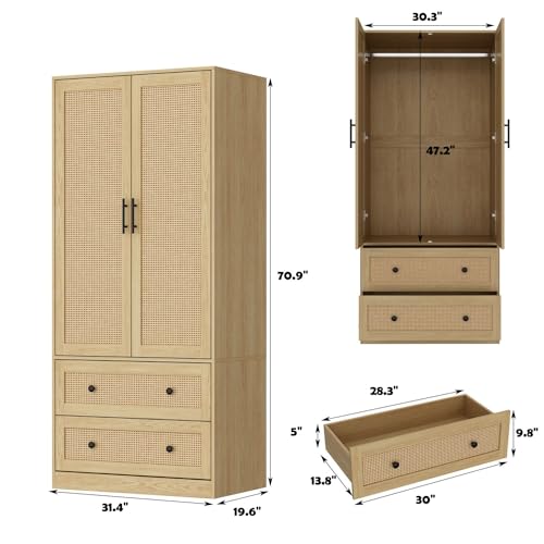 Rattan Door Wardrobe Closet with 2 Drawers and Shelves, Hanging Rod, Oak F827184