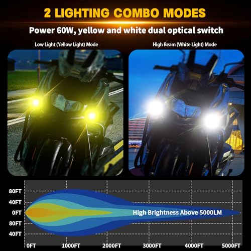 Motorcycle Auxiliary LED Light Kit, White/Amber Fog Light with Mount Brackets, Waterproof 60W V553