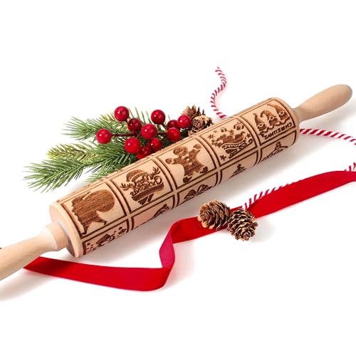 17" Wooden Rolling Pin for Baking with Christmas Embossed Designs, 3mm Deep Cookie Molds, Includes Cleaning Brush L8431
