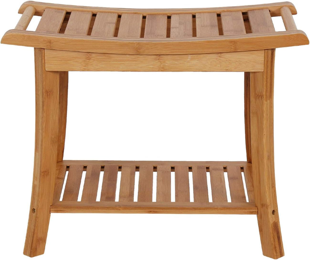 Bamboo Shower Stool with Handles and Storage Shelf W594257