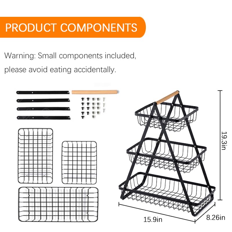 3 Tier Countertop Fruit Basket, Detachable Metal Storage E7654