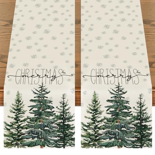 Beige Pine Tree Snowflake Christmas Table Runner, Winter Holiday Kitchen Dining Decoration, 13 x 72 Inch B27382