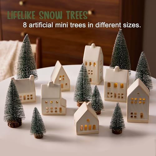 Christmas Village Set with 7 Ceramic Houses, LED Lights and 8 Snow Trees Y449