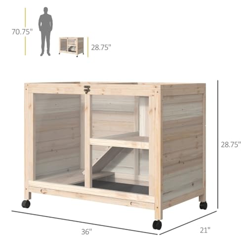 Wooden Rabbit Hutch with Tray, Wheels, Ramp and Openable Roof T9678