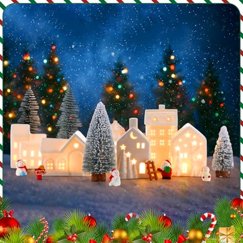 LED Ceramic Christmas Village Set with Light Up Houses and Figurines U9709