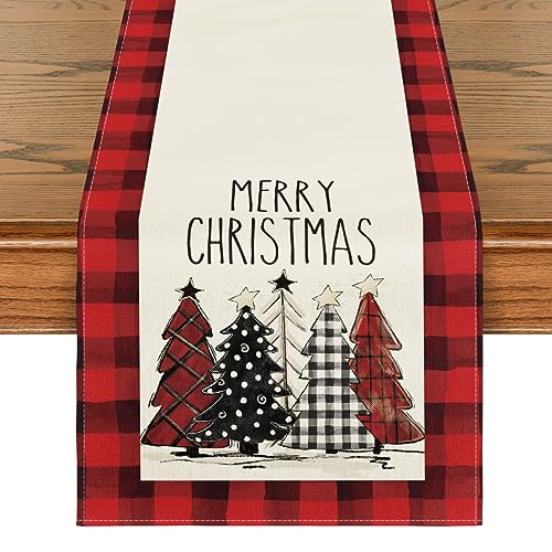 Buffalo Plaid Christmas Trees Table Runner, Winter Holiday Kitchen Dining Decor, 13 x 108 Inch D48516