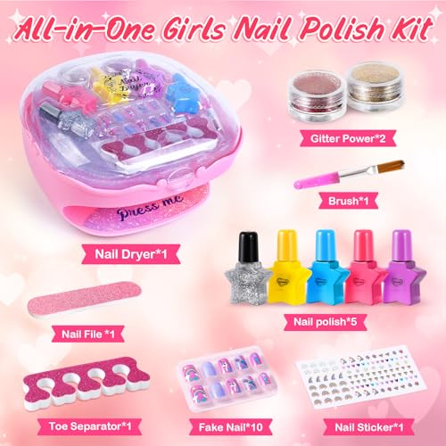 Nail Polish Kit for Girls Ages 7-12, Nail Art Studio with Pink Nail Dryer T44069