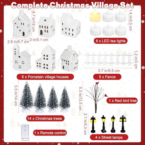 37 Pieces Porcelain Christmas Village Set with 6 Lighted Houses and Remote Control W932515