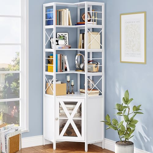 Corner Bookshelf with Storage, 7-Tier Shelf with Doors, White V7438