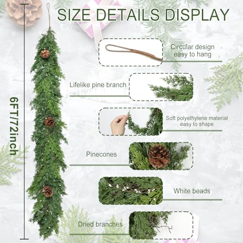 6 ft Christmas Cedar Garland - Realistic Greenery Cypress Artificial Pine Decor O44589