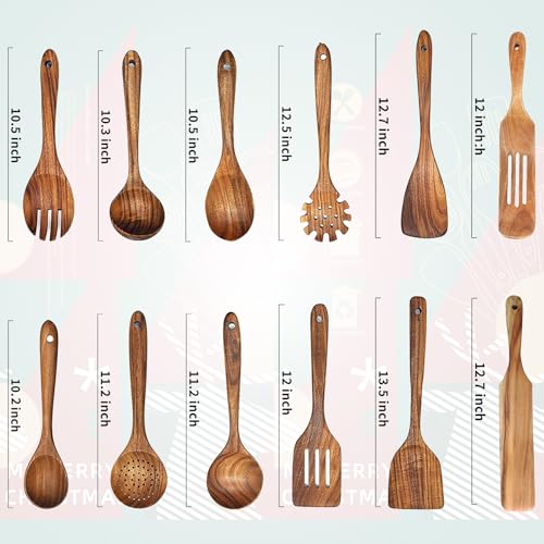 Natural Teak Wooden Spoons for Cooking, 10-Piece Kitchen Utensil Set I607645