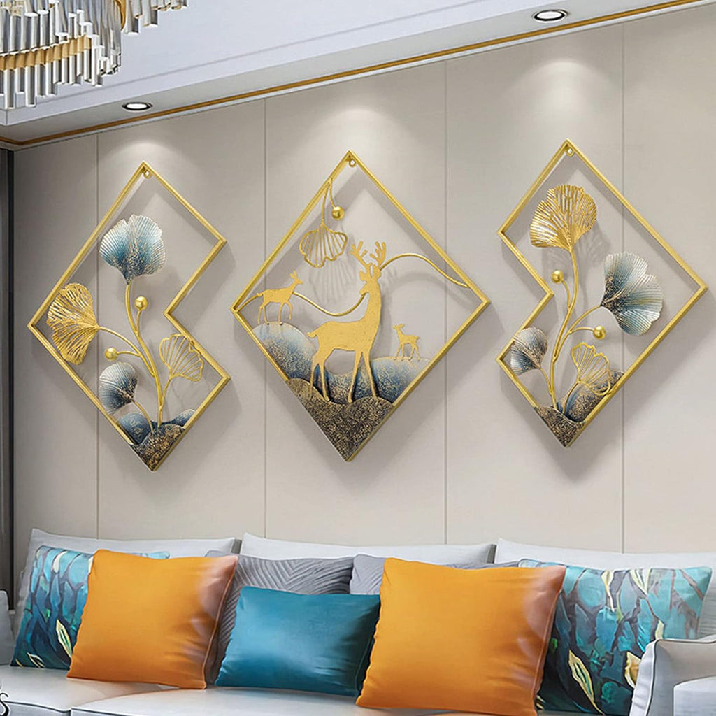 Metal Wall Art Gold Deer 3 Piece Large 3D Ginkgo Leaf Decor X307765