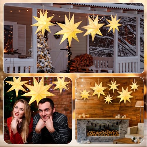 6 Pcs Christmas Paper Star Lanterns with LED Light, Hanging Ornament for Xmas Party Indoor Outdoor Decor N186