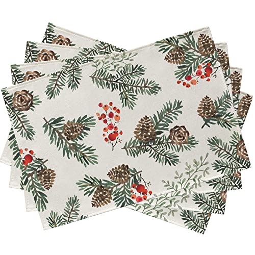 Winter Pine Cone Needle Branch Berry Table Runner, Watercolor Botanical Tabletop Scarf, Christmas Farmhouse Holiday Dining Decoration O823579