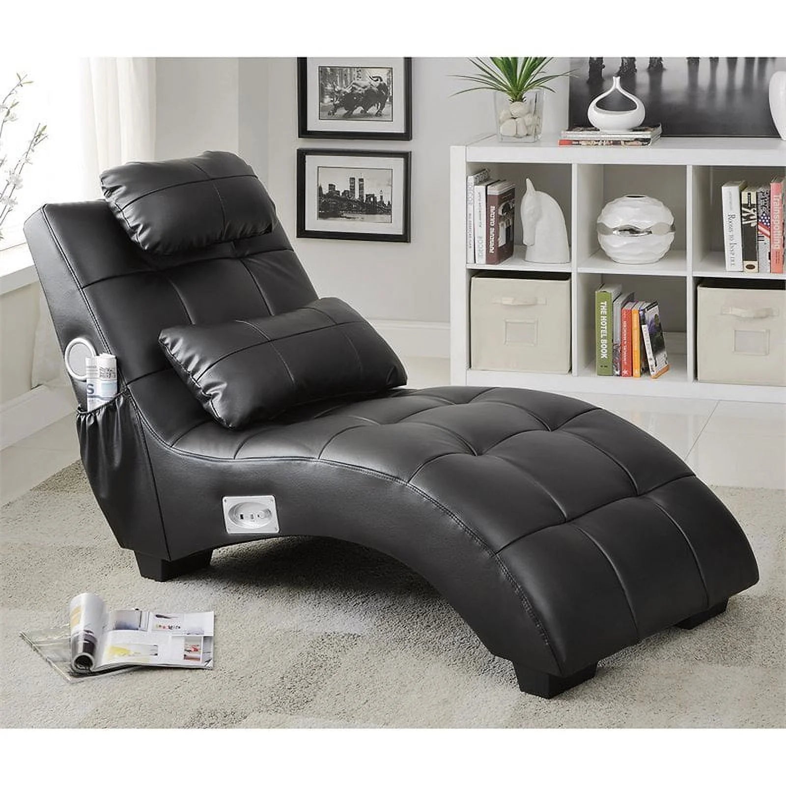 Black Upholstered Chaise with Lumbar Pillow and Bluetooth U215
