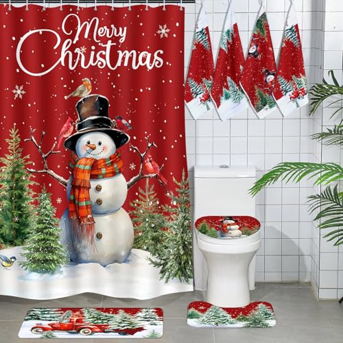 7 Pcs Christmas Shower Curtain Set with U Shape Rugs, Toilet Cover and 3 Towels W9950