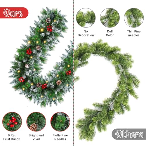 Flocked Pre-Lit Christmas Garland with 30 LED Lights, Red Berries and Pine Cones E701722