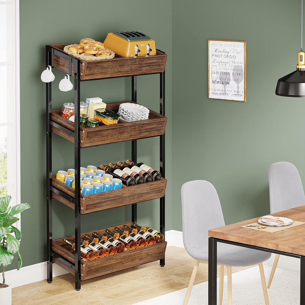 4-Tier Wood Fruit Vegetable Storage Basket Stand, Versatile Utility Shelf Rack C629574