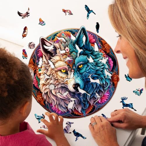 Wooden Puzzle for Adults, Mandala Yin Yang Wolf, 190 Pieces A623