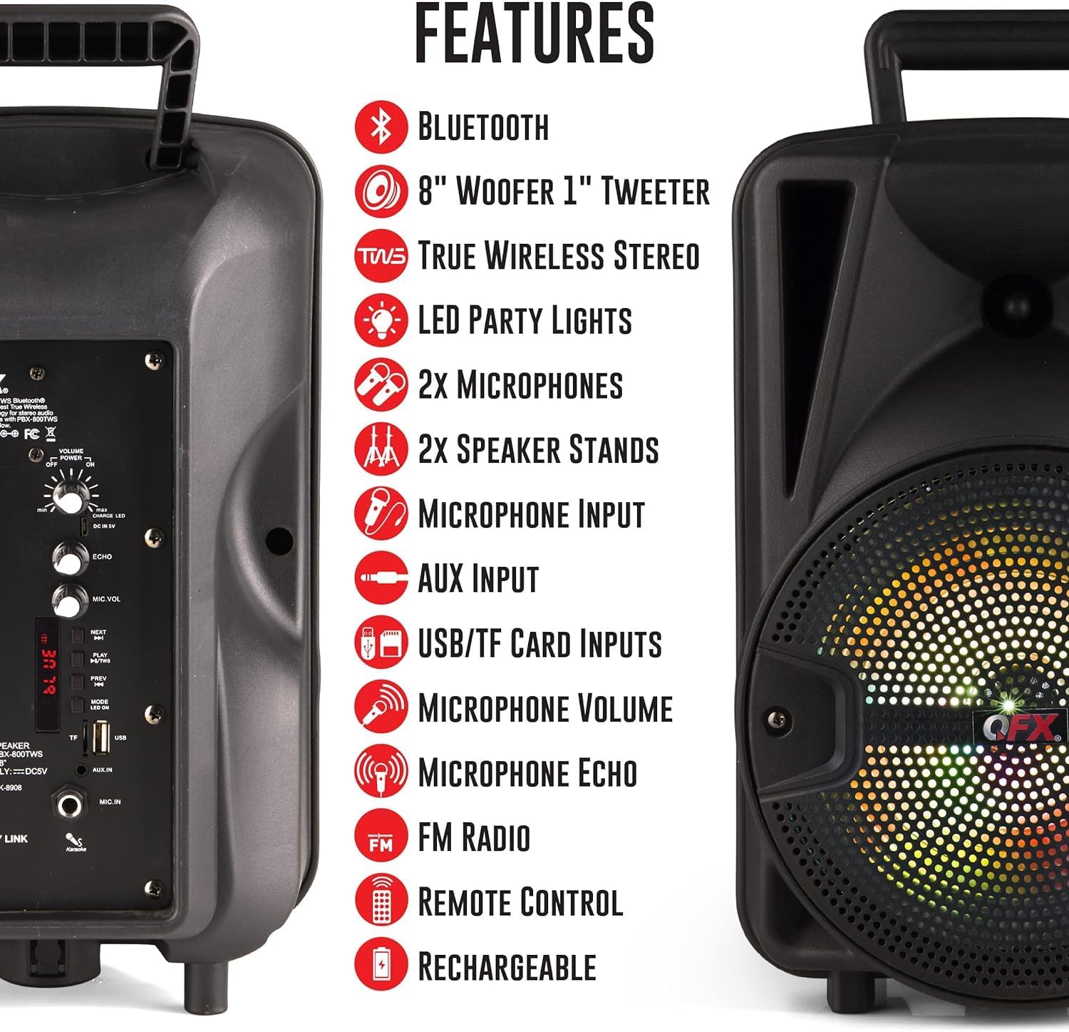 8-Inch TWS Bluetooth Stereo PA System with 2 Microphones and Stands Q381