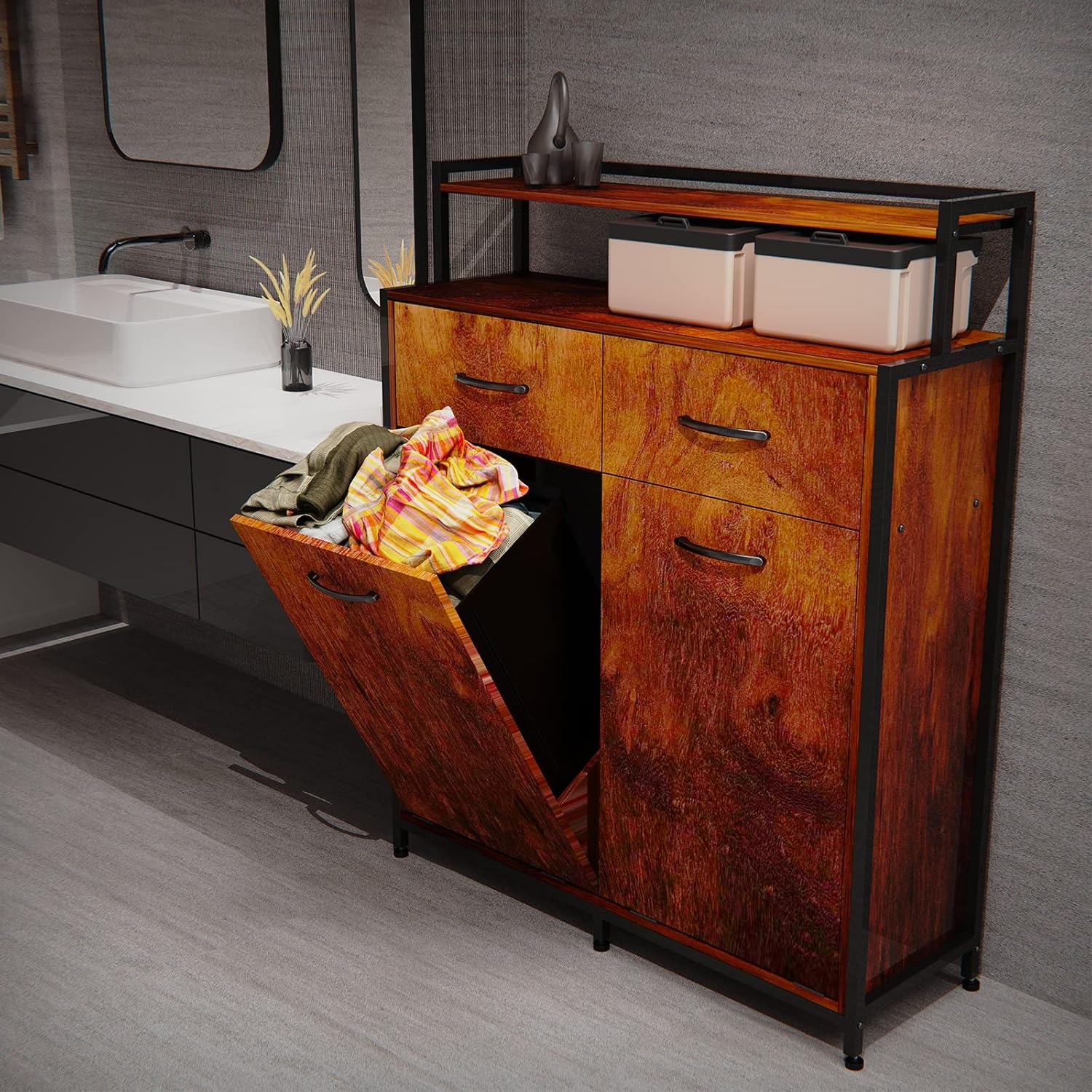 Tilt Out Trash Cabinet with 2 Drawers and Shelf, 10 Gallon P533