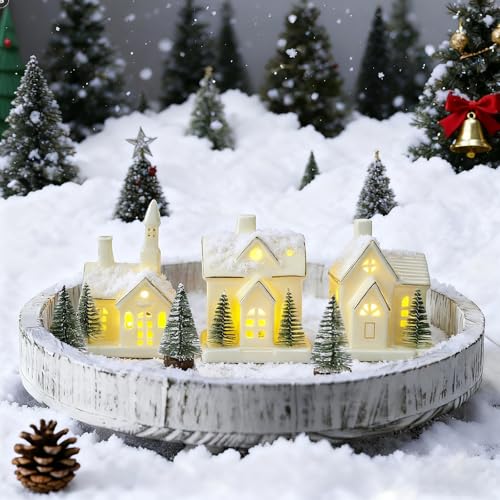 White Ceramic Christmas Village Houses with LED Lights, 3-Piece Set W44352
