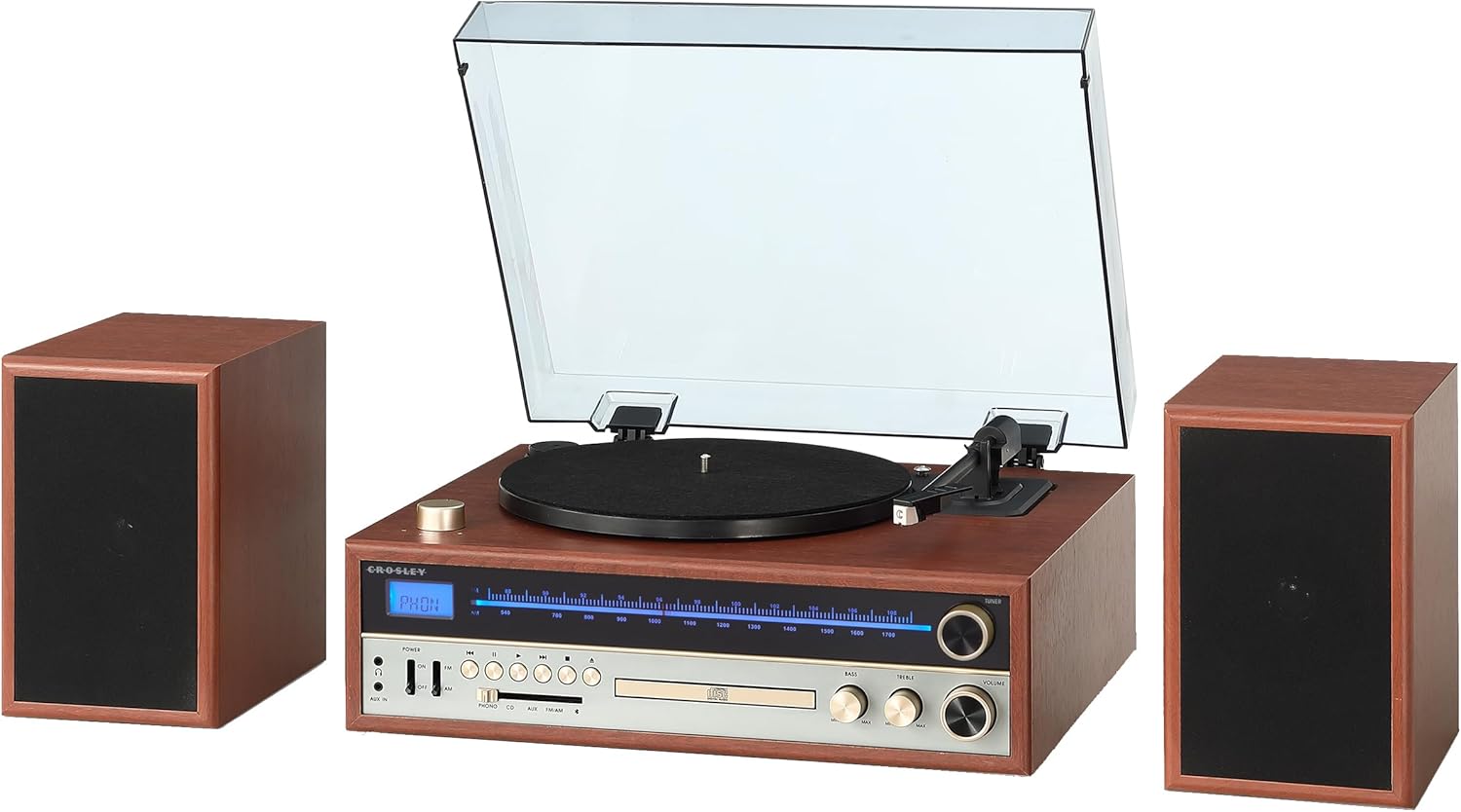 Turntable System with Bluetooth, CD, AM/FM and Speakers, Walnut S1743