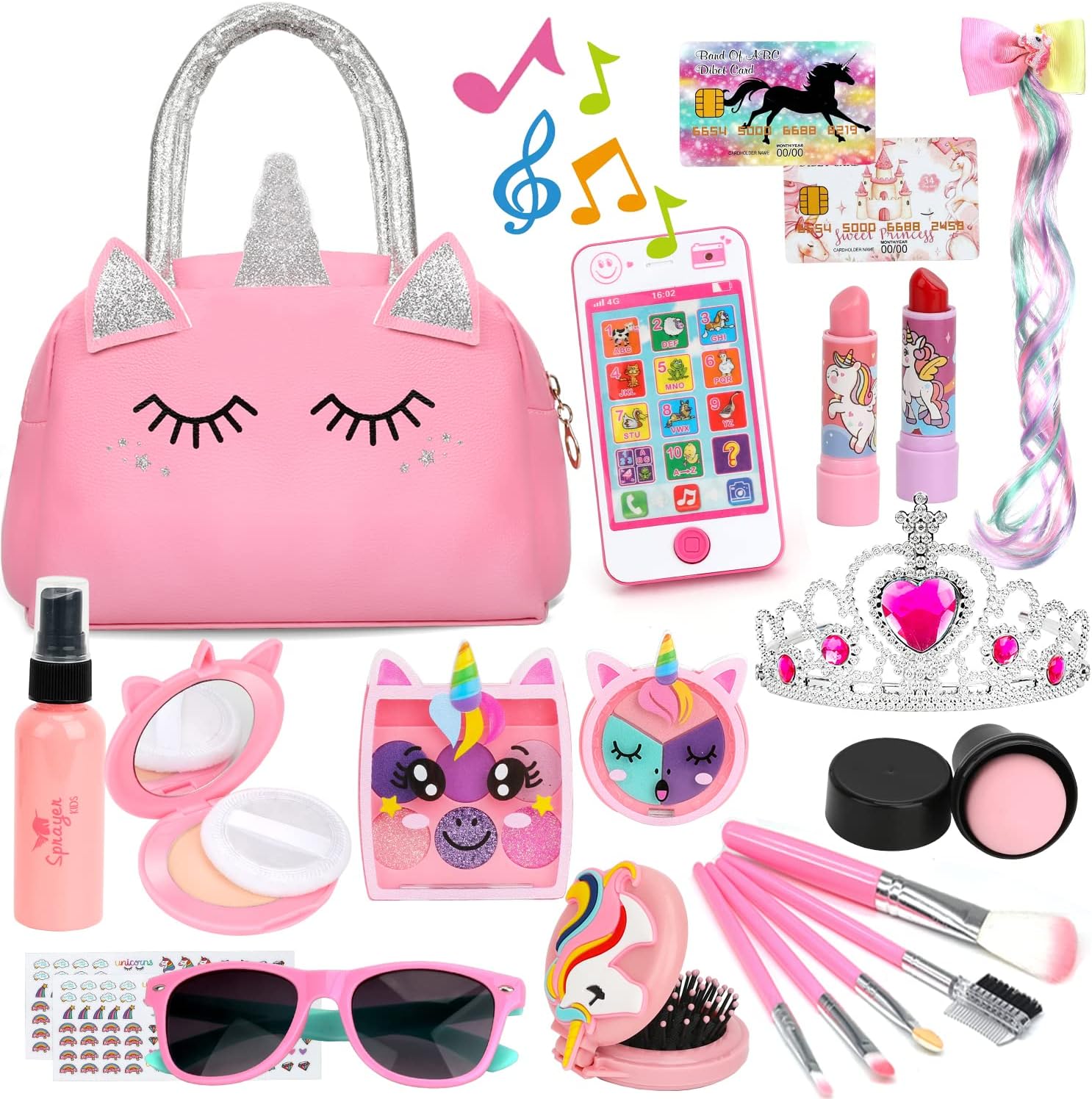 Play Purse Little Girls Toys - Fake Pretend Makeup for Toddlers with Girls Purse Pretend Play Girls Toys for 3 4 5 6 Year Old Toddler Purse Fake Kids Phone Birthday Gifts for Girls