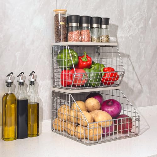 Fruit Basket, Stackable Wall Mounted Fruit Baskets, Potato Basket Onion Storage for Kitchen, Hanging Wire Basket with Wood Lid, 2-Tier Vegetable Organizer Kitchen Countertop Organization
