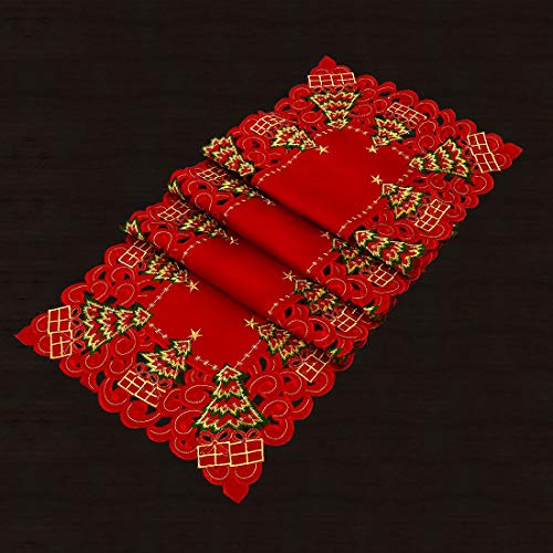 Embroidered Christmas Holly Tree Table Runner, Rectangular 16 x 72 Inch J70567