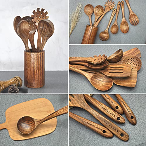 Natural Teak Wooden Spoons for Cooking, 10-Piece Kitchen Utensil Set I607645