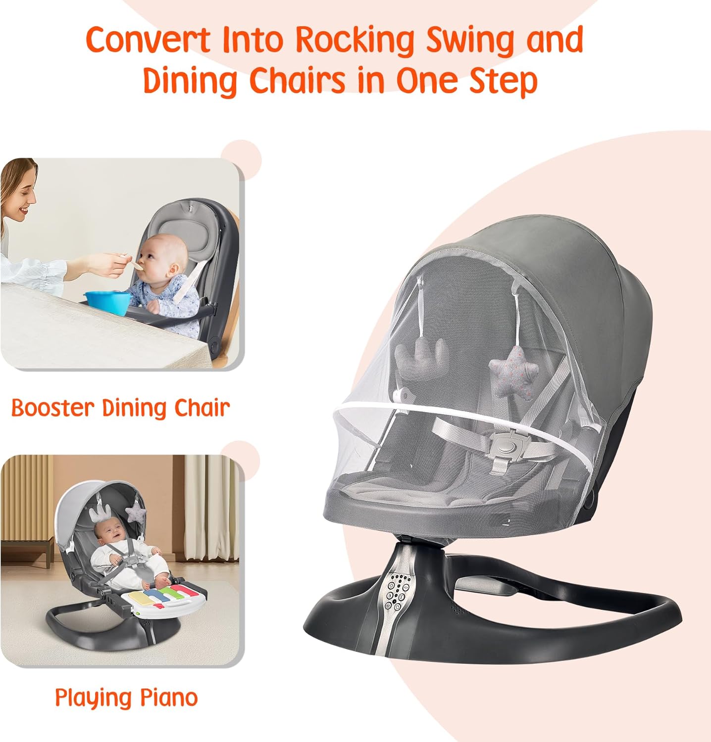 Electric Portable Baby Swing for Newborns with Pedal Piano, 5 Speeds and 3 Recline Positions R476