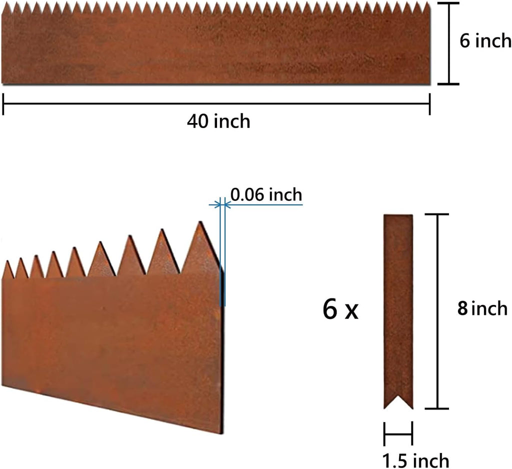6 Pack Steel Lawn Edging, Cor-Ten Steel, 40 inch Strips, 6 inch Depth, 20FT Total I286