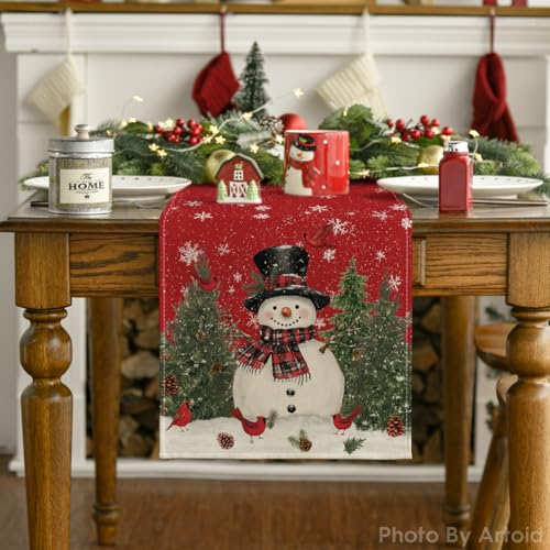Snowman Christmas Birds Trees Table Runner, Winter Holiday Kitchen Dining Decoration, 13 x 72 Inch B443657