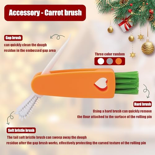 17" Wooden Rolling Pin for Baking with Christmas Embossed Designs, 3mm Deep Cookie Molds, Includes Cleaning Brush L8431