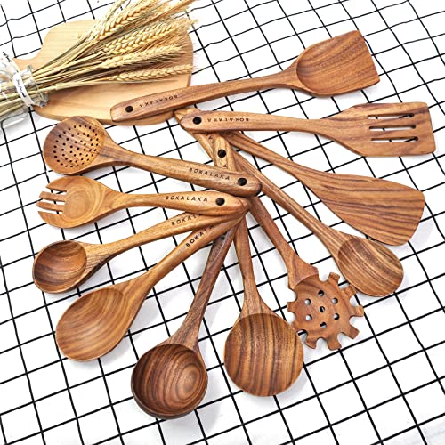 Natural Teak Wooden Spoons for Cooking, 10-Piece Kitchen Utensil Set I607645