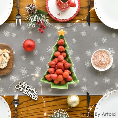 Beige Pine Tree Snowflake Christmas Table Runner, Winter Holiday Kitchen Dining Decoration, 13 x 72 Inch B27382