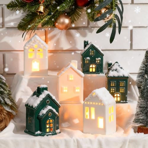 Ceramic Christmas Village Houses LED Lighted Set for Tabletop Mantel Decor K3883