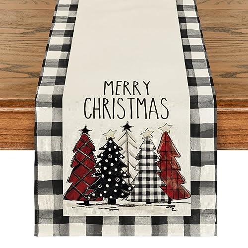 Buffalo Plaid Christmas Trees Table Runner, Winter Holiday Kitchen Dining Decor, 13 x 108 Inch D48516