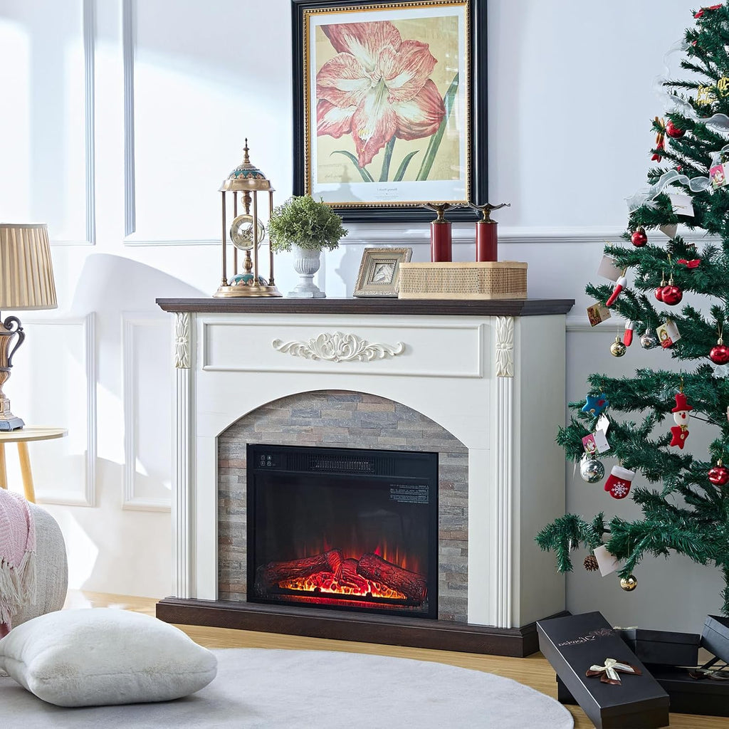 44 Inch Carved Pilasters Electric Fireplace with Mantel, Tall Fire Place Heater Freestanding, Realistic Stacked Stone Surround with Remote Control Timer LED Flame for Living Room, Bedroom