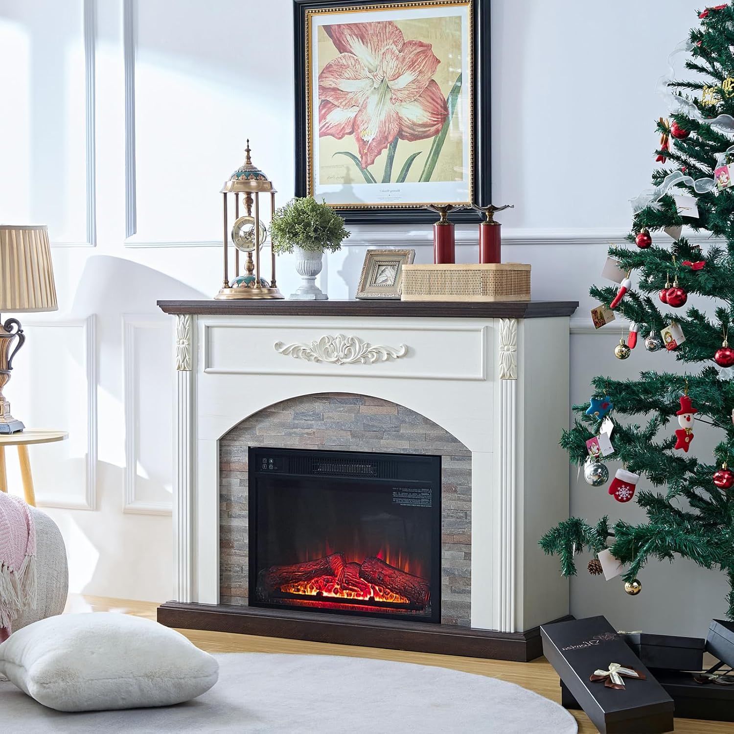 44 Inch Carved Pilasters Electric Fireplace with Mantel, Tall Fire Place Heater Freestanding, Realistic Stacked Stone Surround with Remote Control Timer LED Flame for Living Room, Bedroom