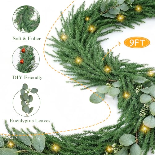 Christmas garland with lights, 9ft pre-lit for stairs and mantle I297