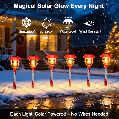 6 Pack Solar Pathway Lights Outdoor Christmas Decorations, Waterproof Candy Cane for Yard Walkway Garden Q12961