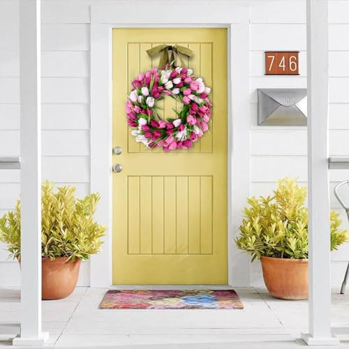 20 Inch Tulip Wreath with Green Leaves for Front Door Spring Summer Decor U733613