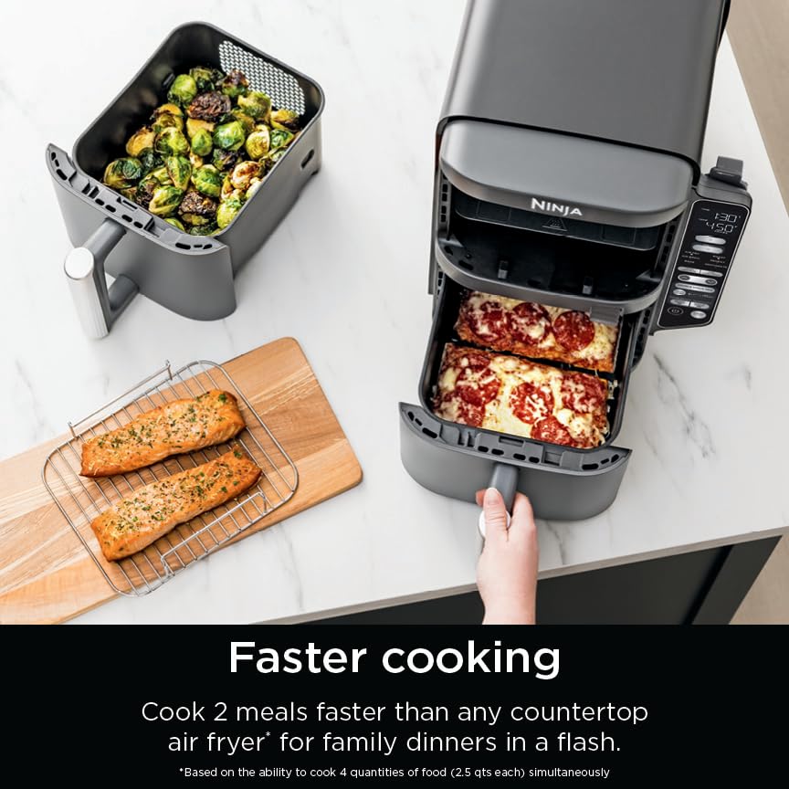 Air Fryer, 8 QT DoubleStack 2-Basket, Space Saving Design, 6-in-1, Roast & Bake, Dishwasher Safe Parts, Black N43591