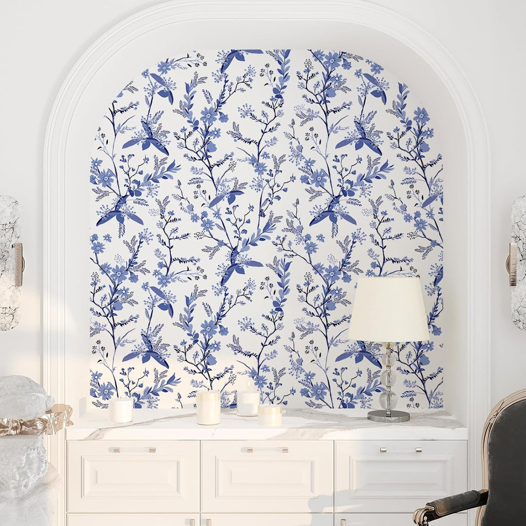 Blue Botanical Floral Peel and Stick Wallpaper for Bedroom Walls Z603