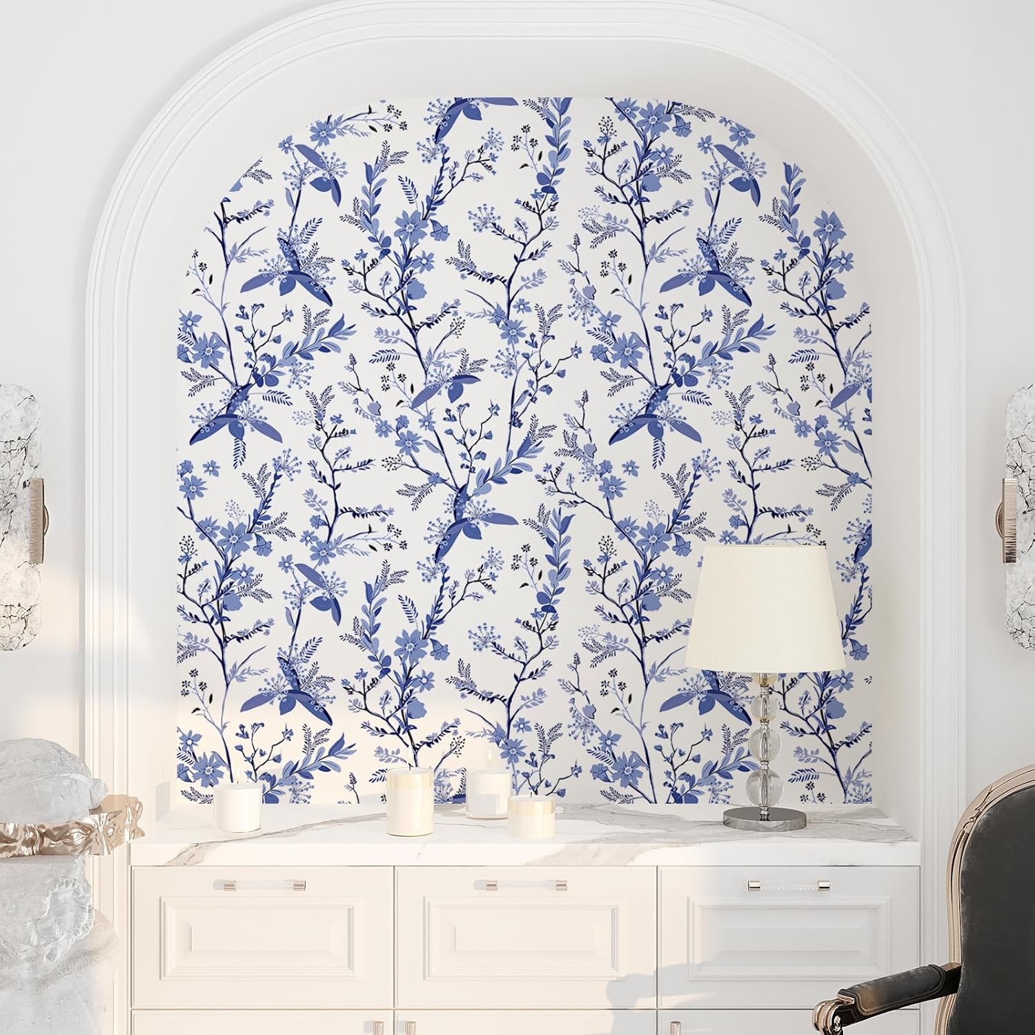 Blue Botanical Floral Peel and Stick Wallpaper for Bedroom Walls Z603