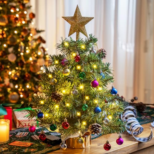 24" Mini Christmas Tree Tabletop Set with LED Lights and Star Treetop Z113832