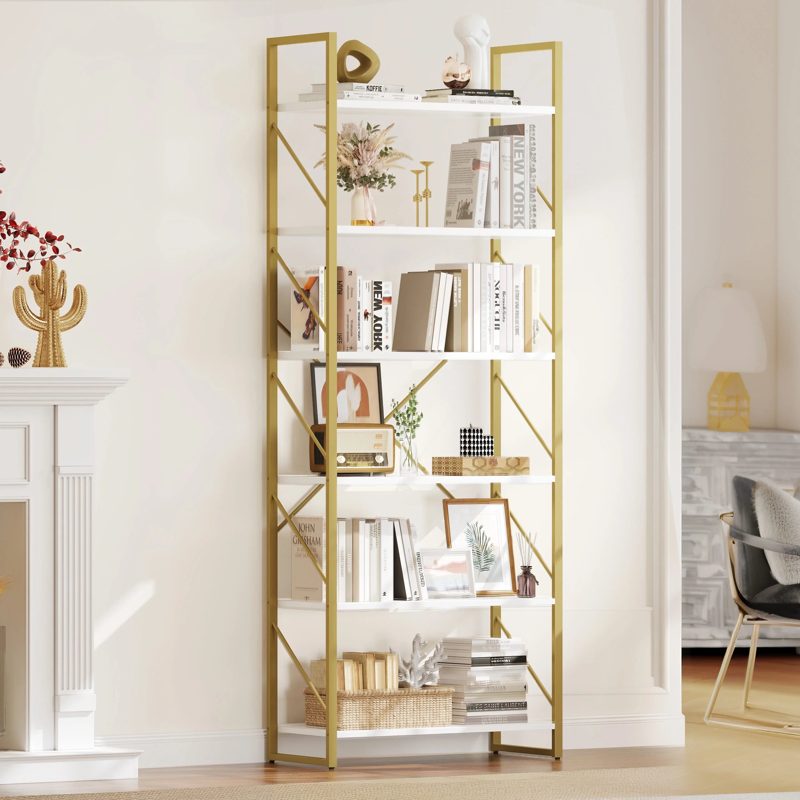 6-Tier Ladder Bookshelf, 69 Inch Freestanding Bookcase, Open Display Storage Organizer I4800
