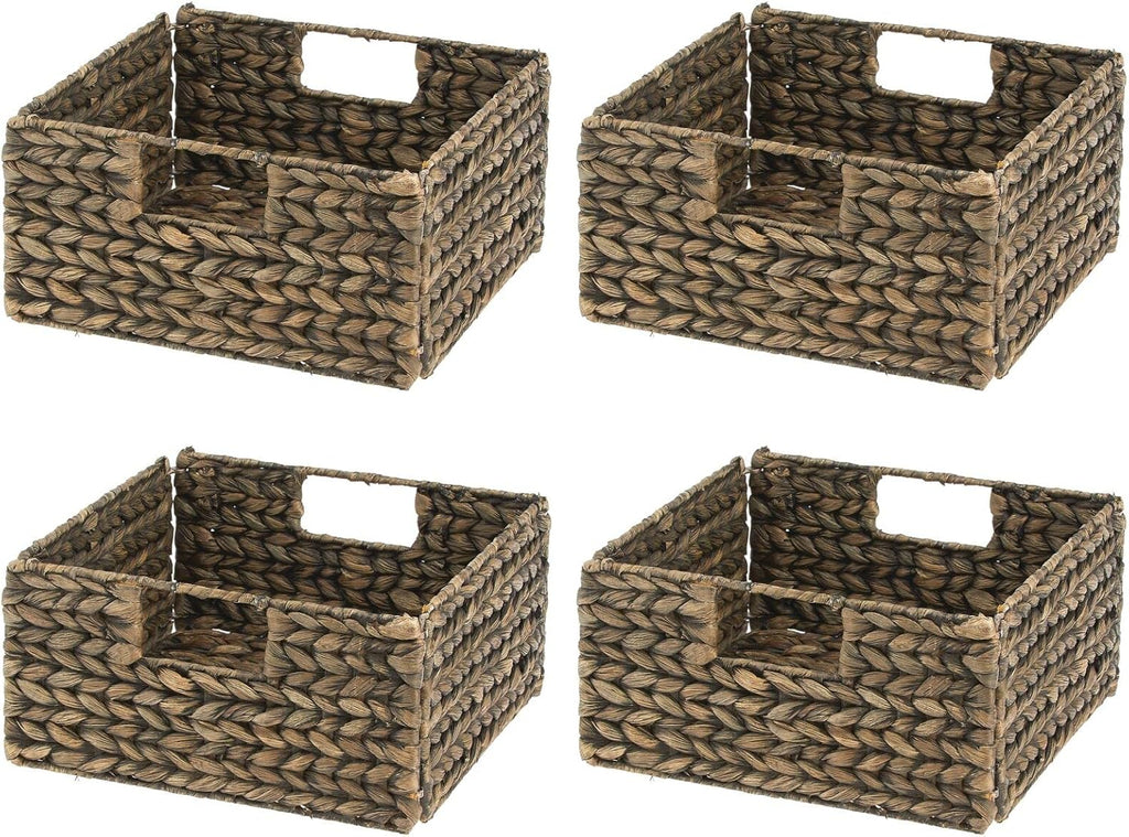 Woven Hyacinth Storage Bin Basket Organizer with Handles, Foldable Square Bins, 4 Pack, Brown Wash F786